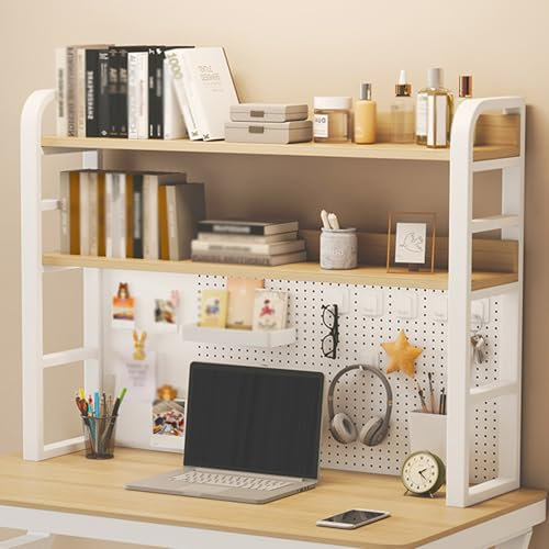 White 3 Tier Pegboard Desk Organizer with Storage Hutch Modern Standing Desk Accessory for Dorm or Office Pegboard Display Workstation Extender