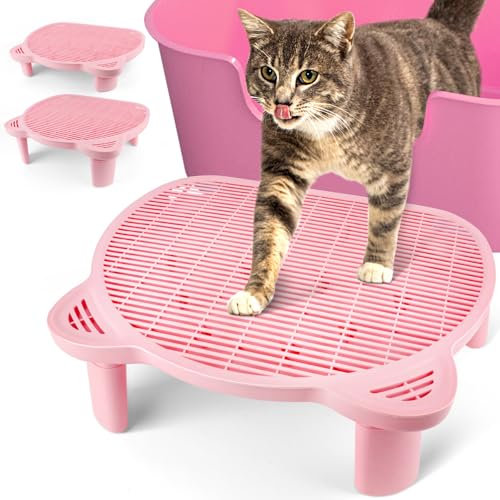 Bartuke Verstellbare Katzen Rampe für Katzentoilette, Erhöhte Katzentoilette Stufe, Doppelte Katzenstreufalle mit Filter Funktion, Katzenstufen, Geeignet für Kleine und Ältere Katzen (Rosa)