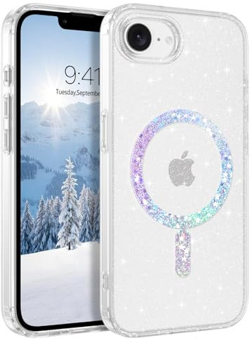 YINLAI für iPhone 16e Hülle Kompatibel mit MagSafe,Handyhülle iPhone 16e Magnetische Transparent Glitzer Leicht Dünn TPU Bumper PC Schale Cover Case Schutzhülle iPhone 16e 6.1 2025,Crystal Klar