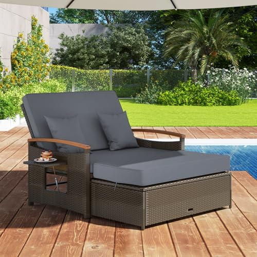 GIANTEX Rattan Lounge Möbel Outdoor, Gartenlounge 2 Sitzer mit Liegefunktion, Balkon Lounge Set Gartensofa mit Hocker, Doppelliege 2 Personen, Garten Lounge Platzsparend mit Stauraum, Outdoor Sofa