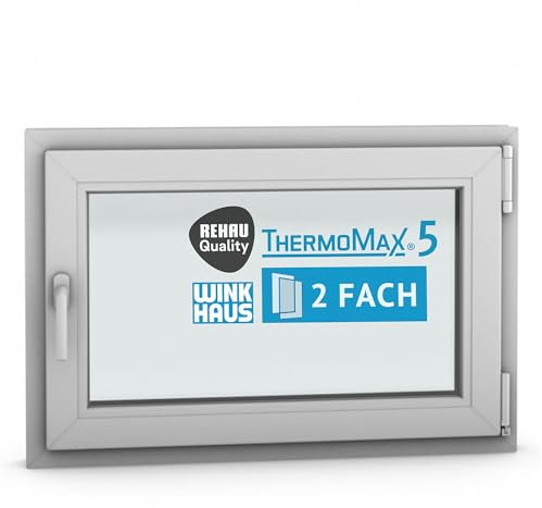 ThermoMax 5 Classic Kunststoff-Fenster, Uw-Wert 1,4, BxH: 90x60cm / 900x600mm, DIN rechts (Griff links), mit 2-fach Wärme-Isolier-Verglasung, Winkhaus Sicherheitssystem & Rehau Profil