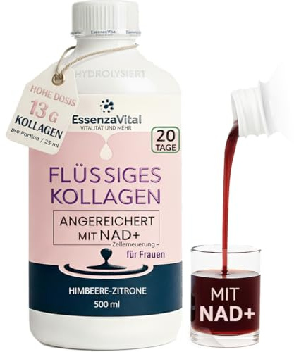 Essenzavital Collagène hydrolysé liquide buvable avec NAD+ et acide hyaluronique pour femmes - 13 g par dose - peau, cheveux et ongles - Goût framboise-citron - Supplément de beauté 500 ml (1 mois)