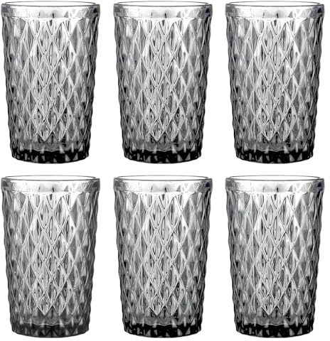 Vintage 6er-Set Farbige Weingläser und Trinkgläser mit Diamant Muster (Netz) Longdrinkgläser Cocktail Gläser mit Prägung Glas Trinkglas Weinglas Wasserglas Glaskelche (Grau Trinkglas)