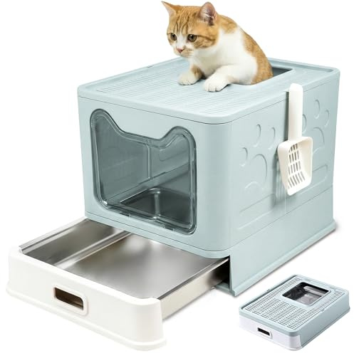 Katzenklo Edelstahl mit Deckel, Faltbare Geschlossene Katzentoilette mit Schublade, Geruchsfrei, Auslaufsicher, Leicht zu Reinigen, Doppelter EIN-/Ausgang, Mit Schaufel, (38,3×51×41 cm) – Blau