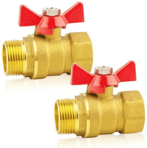 GOMETY 2 Stück Messing Kugelhahn 1 Zoll mit Flügelgriff, Messing Kugelhahn mit Rotem Flügelgriff1 IG/AG Aussengewinde/Innengewinde voller DN25 PN16 Durchgang für Wasserhahn Wasserleitungen