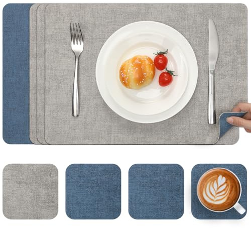 Myir JUN Placemats and Coasters Set of 4 Dual Sided Faux Leather Table Mats | Heat Resistant Washable Place Mats Non Slip Waterproof PU Leather Placemat for Dining Indoor Outdoor (Light Grey Navy Blue)