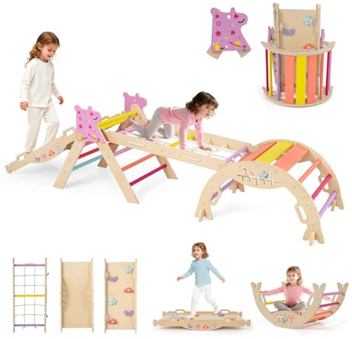 GOPLUS 9 en 1 Triangle Escalade Montesorri pour Enfants 1 Ans+, Parcours Montesorri Bebe Bois Pliable avec Arche, Rampe, Corde&Échelle, Pont, Aire de Jeux Intérieur (Licorne|9 en 1,Multicolore)