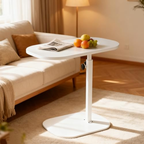YASHIIN C Shaped Side Table, Adjustable Height, Living Room Sofa Table,Bedside Table with 360 Degree Rotating Desktop,Convenient Under Sofa Slide(White)