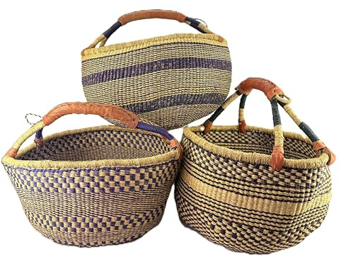 Großer Bolga Rundkorb Ø 40 x 40 cm – Original aus Ghana – Handgefertigt – Fair Trade – Einkaufskorb mit Ledergriff Dunkle Farben mit Natur