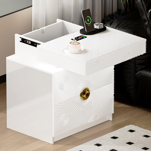 Gurexl RGB Nachttisch mit und Geheimfach und Bewegungsmelder,Bedside Table mit Dynamische Beleuchtungs und Ladefunktionen,Nachtkommode mit USB & Type-c für Schlafzimmer,Wohnzimmer,Weiß