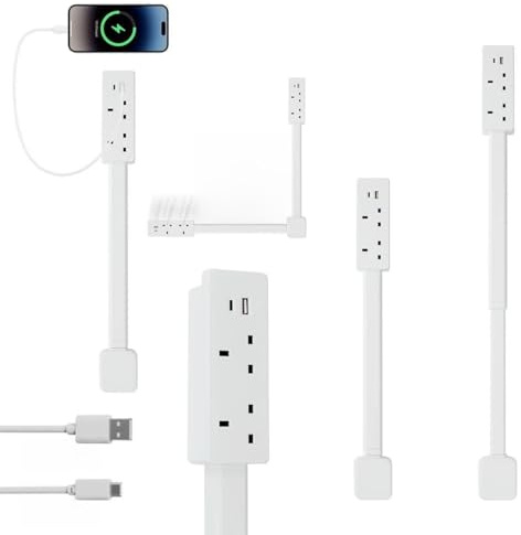 JOAASU Extendable Rotating Power Socket Extender with USB-A & USB-C Ports, 2 AC Outlets, 180° Rotatable & Adjustable 19.5-28.2 Inch for Hard-to-Reach Spaces, Behind Sofas, Desks & Nightstands