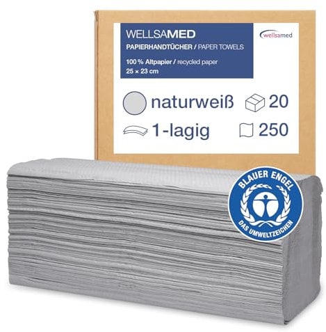 Wellsamed Papierhandtücher 5000 Stück, 25 x 23 cm Naturweiß 1-lagig, ZZ-Falz umweltfreundliche Falthandtücher, Handtuchpapier, Papiertücher