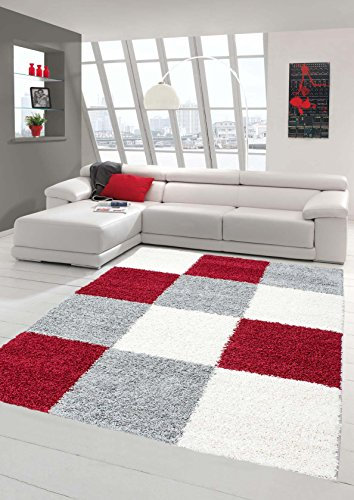 Shaggy Hochflor Langflor Teppich Wohnzimmer Gemustert in Karo Design Rot Grau Creme - Größe 60x110 cm