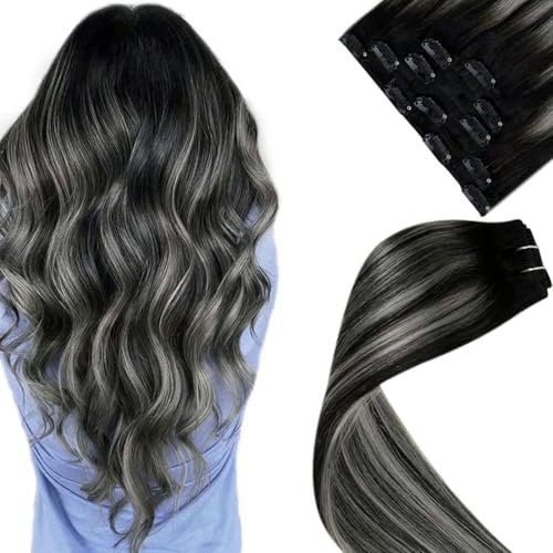 LaaVoo Clip Echthaar Extensions Schwarz Ombre Silber Extenisons Clip in Haarverlängerung Glatt 70g 5Stück Doppelt Tressen Remy Haarextension Echthaar Clips Black und Silver 40cm