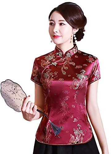 Shanghai Story Chemise chinoise Cheongsam à manches courtes pour femme, Rouge, Taille 4XL