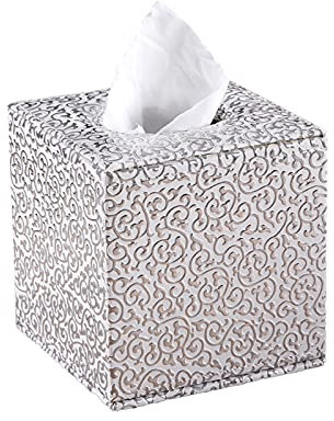 Anjing Taschentuch-Box, quadratisch, PU-Leder, für Zuhause, Büro, Auto, Silberschnitzerei, 1 Stück