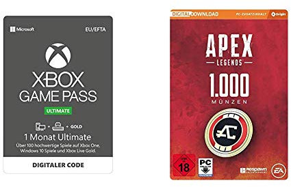 Xbox Game Pass Ultimate | 1 Monate Mitgliedschaft | Xbox One/Win 10 PC - Download Code & APEX Legends - 1.000 Coins | PC Download - Origin Code