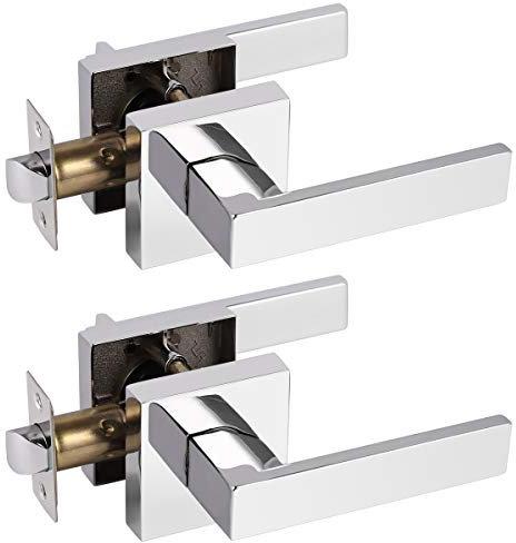 Probrico 2 Pack Passage Door Lever Square Latch Stainless Steel Door Handle Knob for Interior Polished Chrome