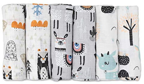 FENSILO - Mulltücher - Mullwindeln - 6er Pack 70x80 cm - Stoffwindeln, MADE IN EU, schadstoffgeprüft -Spucktücher Baby für Jungen und Mädchen - Grau - Lama - Baby Mullwindeln
