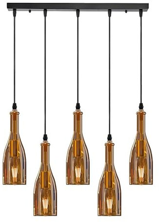 LEDSone Retro 5 Lights Wine Bottle Pendant Chandelier, Industrial Hanging Fixture with Yellow Color Glass Shades, E27 Ceiling Light for Restaurant, Café, Dining Room