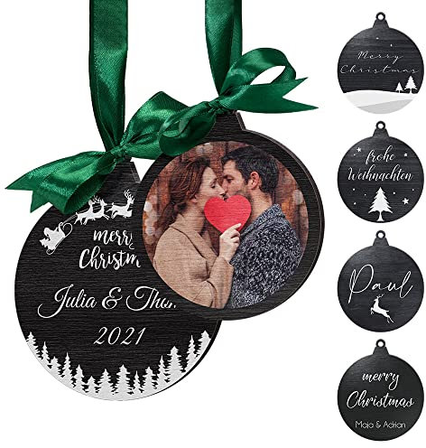Individueller Holzanhänger Weihnachten - Christbaumkugel Weihnachtskugeln mit Foto Namen Text personalisiert - Christbaumschmuck Holz schwarz mit Bild - Geschenkanhänger Tannenbaum