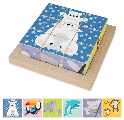 Merle Toys® 6-in-1 Würfelpuzzle ab 2 Jahre aus 100% Öko-Buchenholz, Würfelpuzzle ab 3 Jahre, Bilderwürfel Holzpuzzle ab 2 Jahre, 4,5 cm große Würfel, Puzzle mit abgerundeten Ecken, inkl. Bildvorlagen