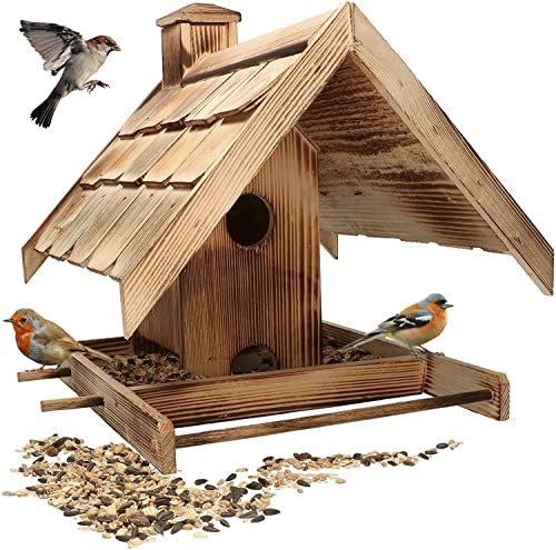 KOTARBAU® Mangeoire pour oiseaux XL en bois brûlé + 0,5 kg de nourriture gratuite