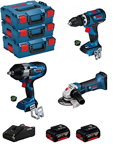 BOSCH Kit BK310 (Atornillador de Impacto GDS 18V-1000 C + Taladro Percutor GSB 18V-60 C + Amoladora GWS 18-125 V-LI + 2 baterías de 5,0 Ah + cargador + 2 módulos GCY42 + 3 L-Boxx 136)