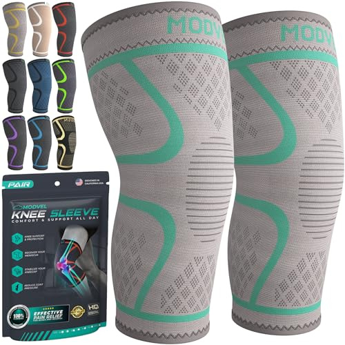 MODVEL Knee Brace for Injury Recovery & Sport – Lightweight Compression Sleeve for Gym, Patella Stabiliser for Pain Relief & Support – Unisex – Grey/Turquoise (XXL)
