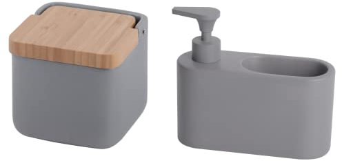 KOOK TIME Set de Accesorios Cocina - Incluye salero de Cocina con Tapa basculante de bambú y dispensador jabon Cocina con Hueco Guarda estropajos para el Fregadero - Cerámica Gris Mate y bambú