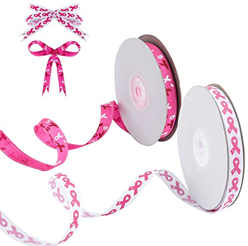 2 Rolls Grosgrain Pink Printed Ribbon,50 Yards Breast Cancer Awareness Ribbon for Cancer Awareness Party Wrapping Wreath Bows Crafts Decor
