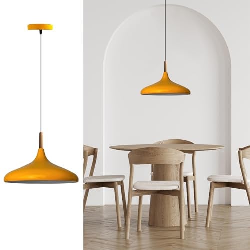 bamyum Champion Hängelampe Küche aus Holz und Metall 35 cm, Pendelleuchte Esstisch, Hängelampe Wohnzimmer, Küchenlampe Hängend, Deckenlampe Kinderzimmer E27, Pendelleuchte Dunkelgelb für Schlafzimmer
