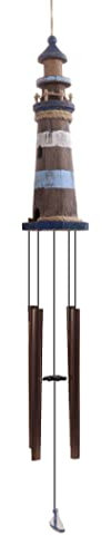 itsisa Windspiel Leuchtturm aus Holz und Metall H: 90cm - Maritime Deko, Maritim im Shabby Look, Wind Spiel Meer, Klangspiel Küste