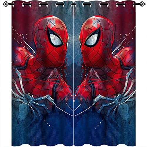 Red Spiderman Curtains Red Spiderman Print Pattern Eyelet Blackout Thermal Insulated & Room Darkening Window Drapes for Boys Teen Bedroom Living Room 2 Panels W117cm x D137cm