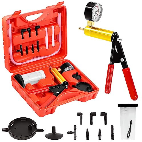 Swpeet 15 Piezas - 1 Juego de combinación de Aspirador de Freno de Bomba de vacío de Dos en uno Rojo, Herramienta de Sangrado del Sistema de frenado Bomba de vacío Manual con adaptadores