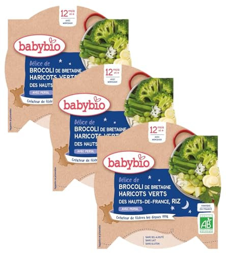 Babybio – Bonne Nuit – Assiette Brocoli Haricots Verts de Vendée Riz 230g – 12+ Mois – Lot de 3