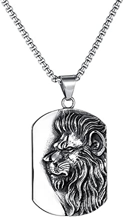 Generisch Edelstahl Herren Halskette Löwe Kopf Dog Tag Anhänger mit 55cm Kette Silber Retro Schmuck