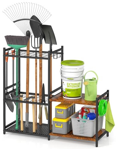 Organizer versatile per attrezzi da giardino, scaffale per attrezzi da giardino, per l'organizzazione e la conservazione del garage, può contenere fino a 35 utensili/rastrelli/scope, in acciaio
