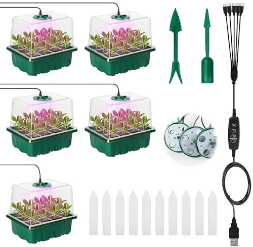 HIULLEN 5 PCS Scatola per Propagazione in Serra con Lampada per Piante, Mini Set per Semenzaio con Timer, 12 Fori Vassoi Iniziali per Piantine, Vassoio per Propagazione