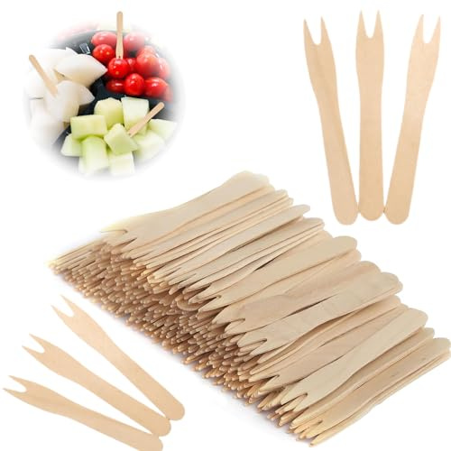 Lonimia 200 Stück Pommesgabel,Pommespieker aus Holz Holzbesteck,Holzbesteck,Holzgabel,Holzgabeln,Holzmesser,Partybesteck Pommes Frites Gabeln Partygeschirr für Party Geburtstag Camping und Picknick