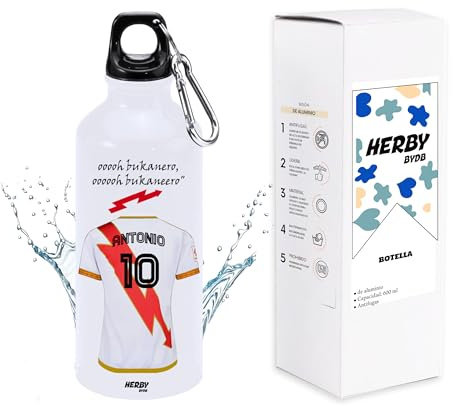 Botella de agua personalizado con nombre, bidón de aluminio para llevar, cantimplora para niños de 600 ml con dos tapones, regalos personalizados para niños con su nombre (Rayo Vallecano)