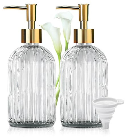 Hand Soap Dispenser - 2 Pack Glass Soap Dispenser with Pump & Funnel for Bathroom, 13.5 Oz Refillable Handwash Bottle Dispenser, Clear Hand Washing Jar for Bathroom, Kitchen, Countertop (400ml)
