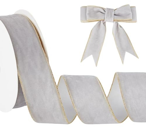 NBEADS Nastro In Velluto, 9.84 iarda 3.8cm di Larghezza Nastri Morbidi A Faccia Singola Nastro di Velluto con Bordo Dorato per Confezioni Regalo Nozze per Capelli Decorazioni Natalizie, Grigio Scuro