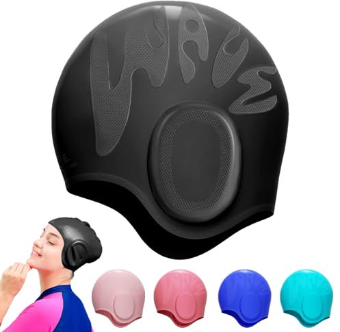 YOUYIKE Badekappe Gehörschutz 3D, Badehaube, Badekappe Damen Herren Mädchen Jungen, Schwimmmütze Damen Wasserdicht, Schwimmhaube für Kurze und Lange Haare(Schwarz)