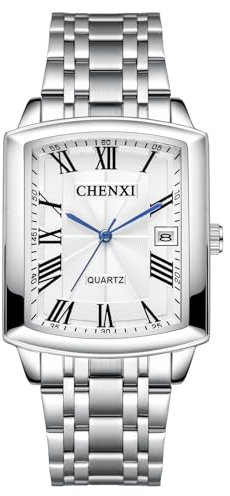 JewelryWe Uhren Herren Edelstahl Rechteckig: 30m wasserdichte Kalender Analog Quarz Armbanduhr Männer Silber Edelstahl Band Uhr Herrenuhr mit Weiß Rechteck Römischen Zahlen Zifferblatt
