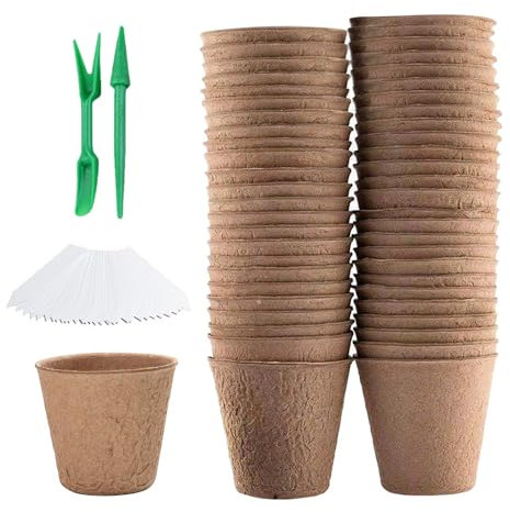 HDGSAFD 50 macetas de cultivo, 50 unidades, etiquetas de encaje, 2 herramientas de cultivo, macetas de cultivo biodegradables para plántulas de frutas, plantas de flores y suculentas