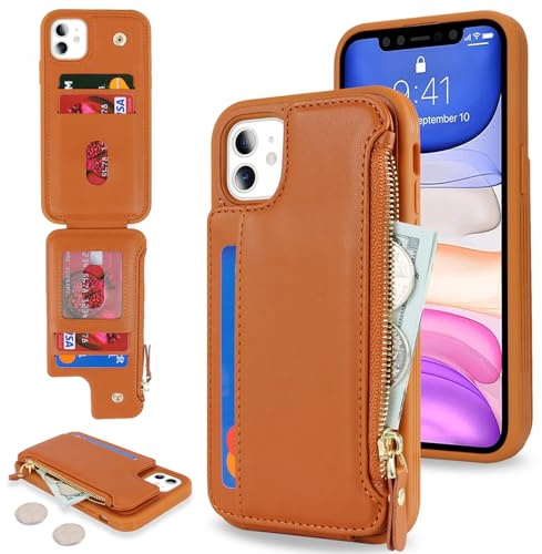 SailorTech für iPhone 11 Handyhülle mit Kartenhalter für Männer, iPhone 11 Hülle mit Kartensteckplätzen Brieftasche Zipper für Frauen-Brown