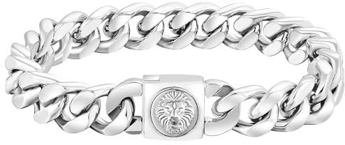 KRKC&CO 12mm Herren Armband mit Löwe Kopf Verschluss, Panzerarmband mit Beschichtung, breite dicke Edelstahl Cuban Armband, Hip Hop Wikinger Biker Schmuck Geschenk für Männer Jungs [Länge 20,3cm]