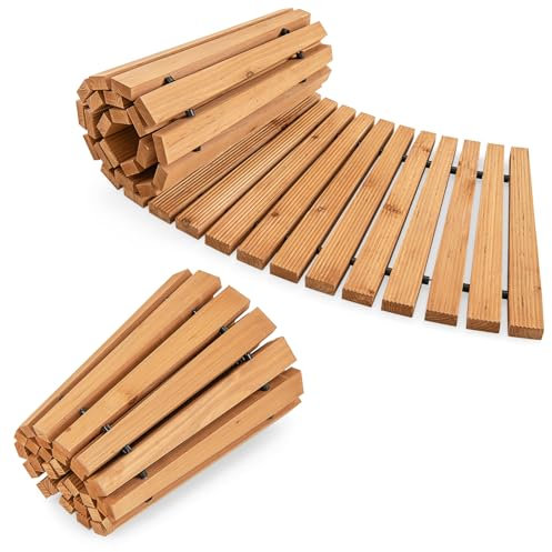 COSTWAY Sentiero da Giardino in Legno, Passerella Curvo da Esterno con Superficie Antiscivolo e Fili Metallici, Design Arrotolabile, per Patio Cortile e Spiaggia, Naturale (216 x 53 cm)