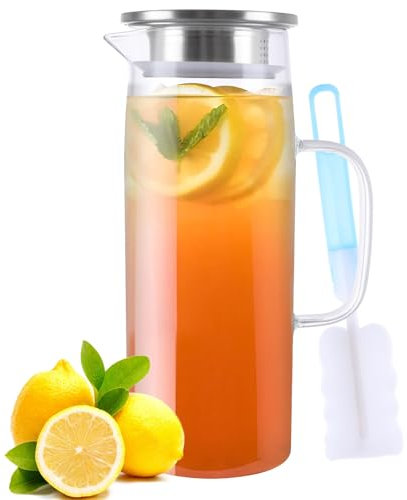 ASelected 1.5 L Water Jug Glass Water Jug with Lid Glass Jug with Cleaning Brush Iced Tea Pitcher Water Jug Borosilicate Glass Juice Jug for Tea Cafe Lemonade Milk Juice and More